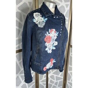 Lane Bryant Denim Jean Short Jacket Sz 18 Women Floral Studs Y2k